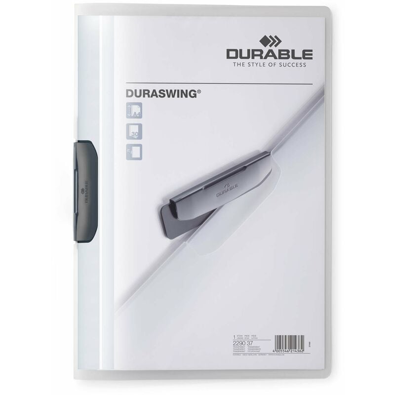 Image of Durable - 229507 - Confezione da 5 cartelline portadocumenti Duraswing con clip, in polipropilene, capacità di archiviazione max 30 fogli formato A4,