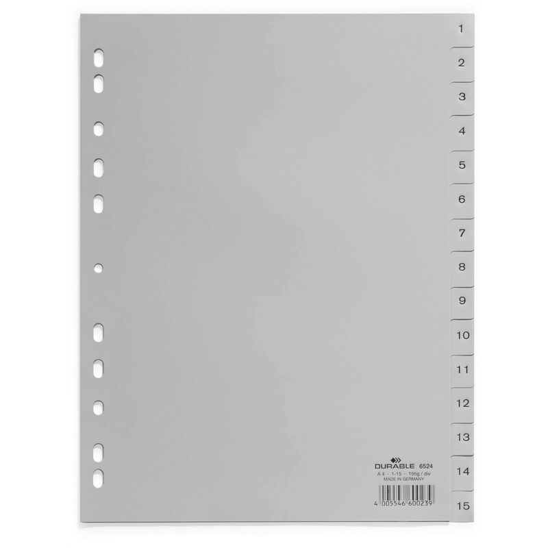 Image of Durable - 652410 - Divisori con numeri stampati da 1 a 15, foratura universale, confezione da 20 pezzi da15 fogli ciascuno, colore: grigio