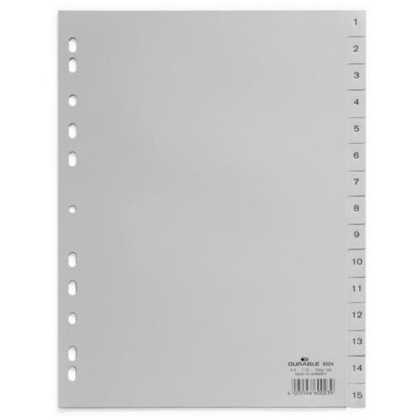 Durable 652410 - Divisori con numeri stampati da 1 a 15, foratura universale, confezione da 20 pezzi da15 fogli ciascuno, colore: grigio