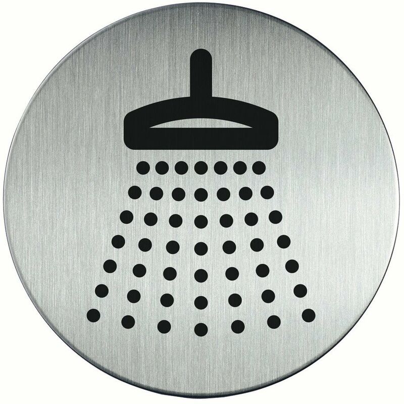 Image of Durable 493823 - Pittogramma tondo, adesivo, con simbolo serigrafatoDoccia, acciaio inossidabile, diametro 83 mm, argento metallizzato