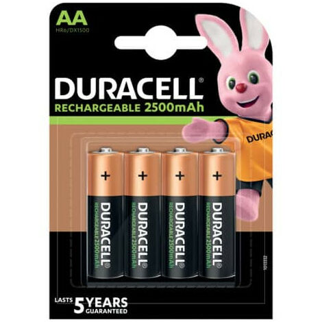 Duracell Piles Rechargeables AA 2500 mAh, lot de 4 piles
