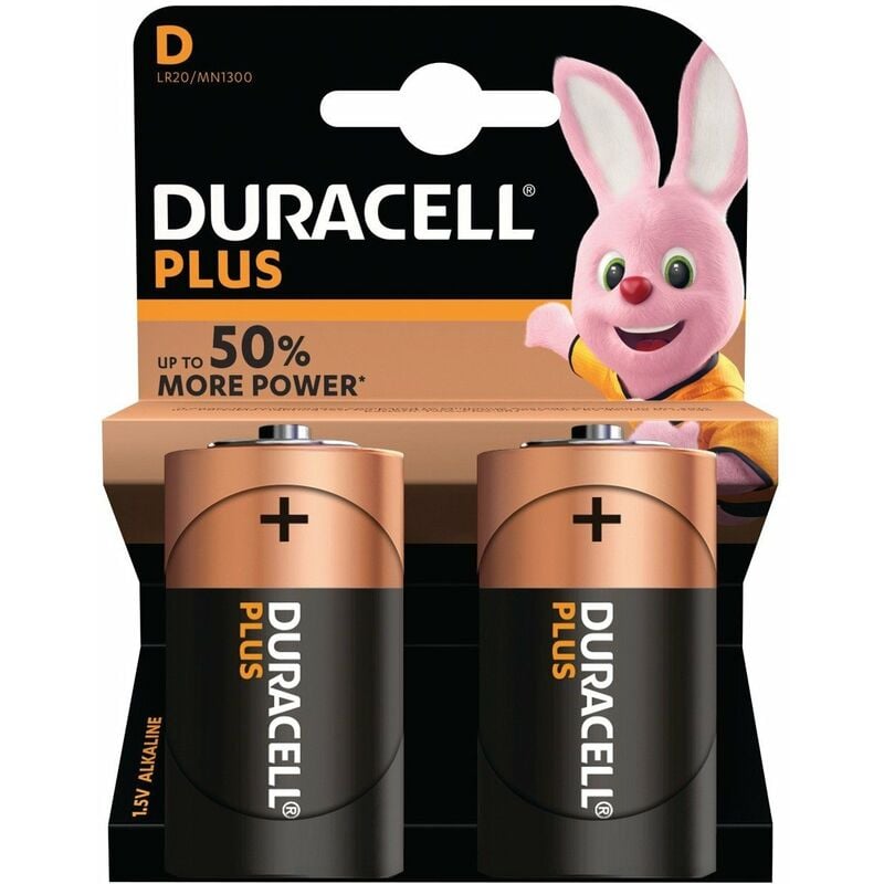 Duracell - Pile Alkaline Plus Power d - Lr20 1,5v (emballage 2 Unités) Ø34,2x61,5mm