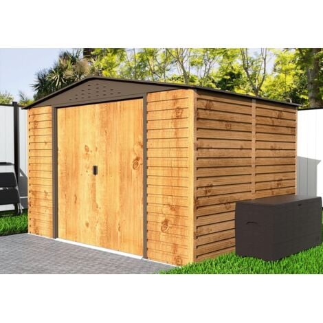 DURAMAX Metall-Gerätehaus Alpine 3x2,4m Holzoptik Gerätehaus aus Metall in Braun, Geräteschrank mit 0,31 mm Wandstärke Gartenhaus