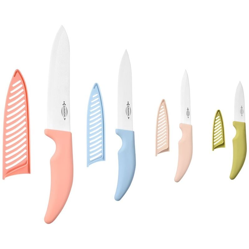 Durandal - Couteaux de cuisine en céramique avec étui, 4 tailles de lames - Découpe, épluche et tranche viandes, légumes, fruits