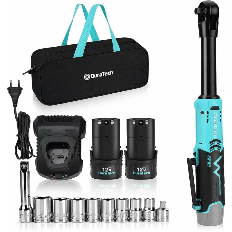 Duratech - Clé à Cliquet Electriques 12V, 3/8', 60N.m, 2 Batteries de 2,0 Ah, Clé à Cliquet Sans Fil avec Lumière led, Déclencheur à Vitesse