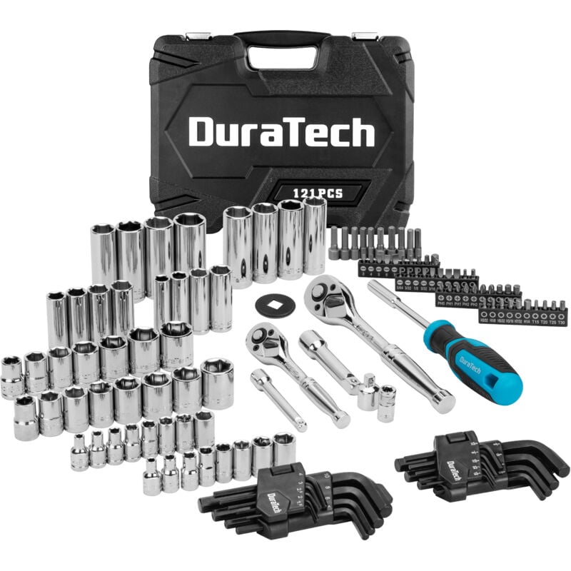 Coffret de Douilles Clés à Cliquet et Embouts Professionnels 121 Pièces, 1/4' et 3/8' Douilles Cr-V Métriques et Impériales, Dégagement Rapide,