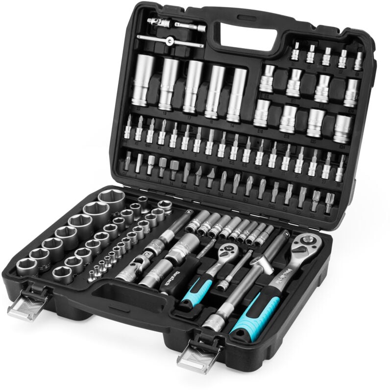 Duratech - Coffret de Douilles Embouts et Clés à Cliquet 108 pièces, Cliquet Réversible 1/2' et 1/4', Rallonges, Embouts, Douilles, Acier au