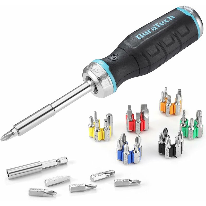 Duratech - Jeu de Tournevis à Cliquet Magnétique 38 Pièces, avec 36 Embouts de 6 Types, Réservoir d'Embout dans la Poignée, Support de Couleur pour