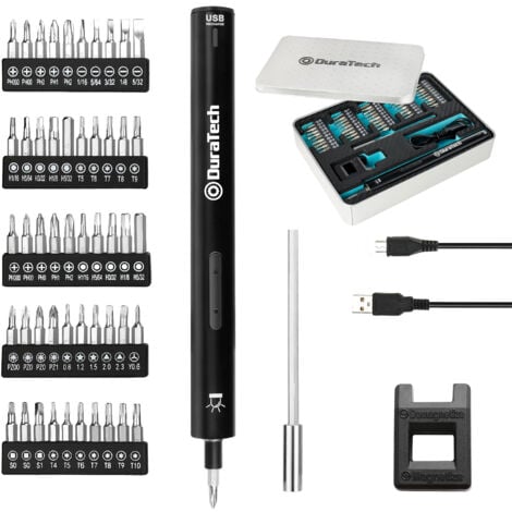 DURATECH Jeu de Tournevis de Electrique LED 55 En 1, Kit d'Outils de Réparation avec 50 Embouts Magnétiques, Mini-Tournevis Rechargeable avec USB Pour la Réparation de Ordinateurs, Portables, Montres