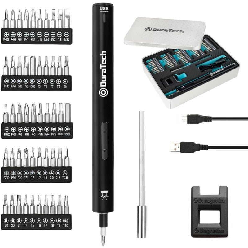 Duratech - Jeu de Tournevis de Electrique led 55 En 1, Kit d'Outils de Réparation avec 50 Embouts Magnétiques, Mini-Tournevis Rechargeable avec usb