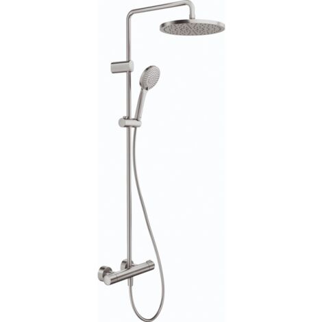 Duravit – Colonne de douche thermostatique – Inox brossé – Douchette 3 jets – Pommeau orientable – Longueur flexible 1,5m – Butée de sécurité 38°C