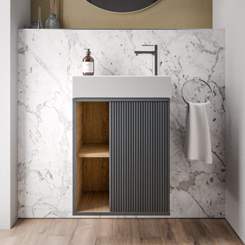 Meuble vasque Blanc mat de salle de bain 55x24x59cm (LxPxH) 1 porte à droite + 2 cases rangement - beldivo Anthracite mat - Bernstein