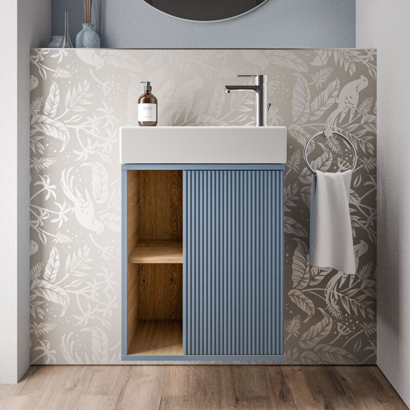 Meuble vasque Gris soie de salle de bain 55x24x59cm (LxPxH) 1 porte à droite + 2 cases rangement - beldivo Bleu azur mat - Bernstein