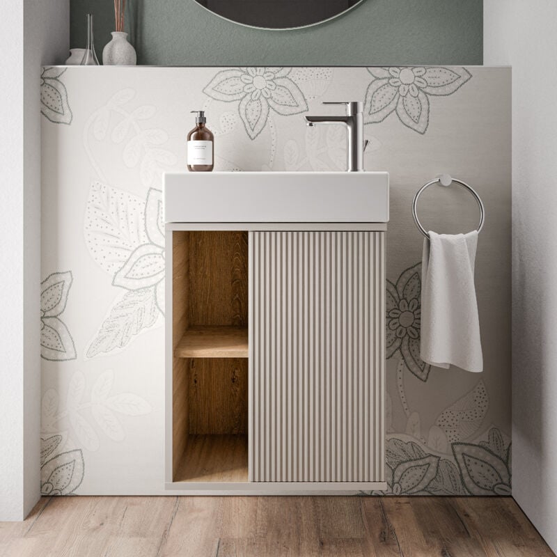 Meuble vasque Anthracite mat de salle de bain 55x24x59cm (LxPxH) 1 porte à droite + 2 cases rangement - beldivo Gris soie mat - Bernstein