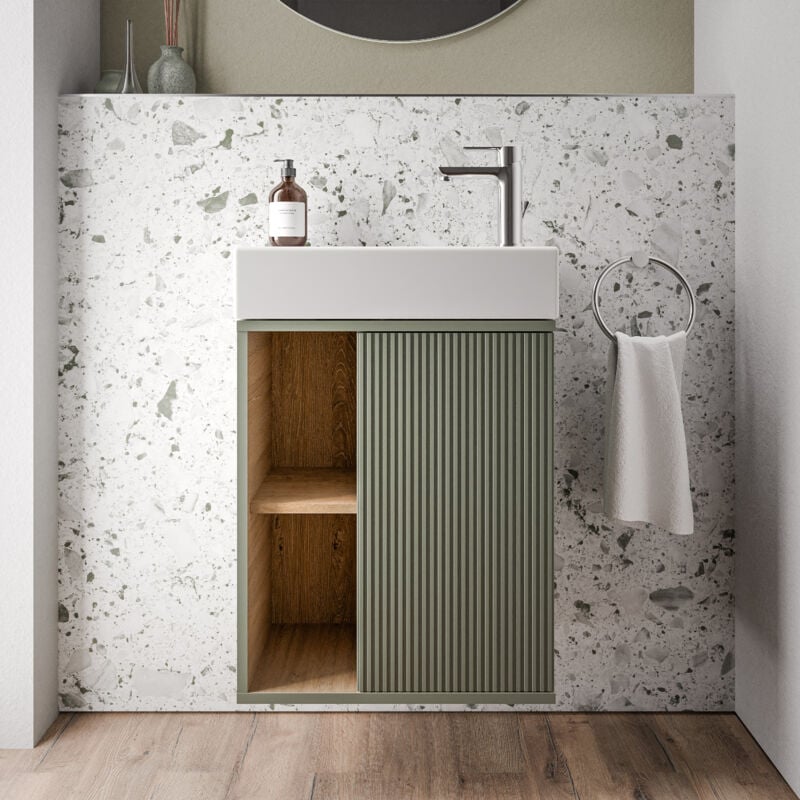 BERNSTEIN - Meuble vasque Abricot mat de salle de bain 55x24x59cm (LxPxH) 1 porte à droite + 2 cases rangement - BELDIVO Vert jade mat