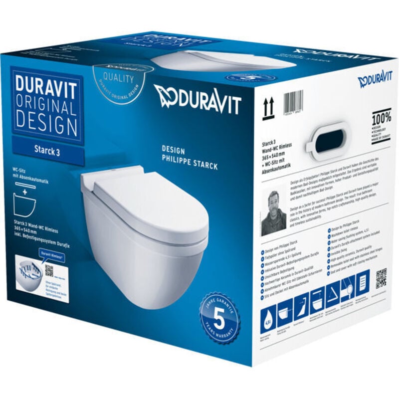 Duravit - Starck 3 - wc suspendu avec abattant SoftClose, Rimless, avec WonderGliss, blanc 45270900A11