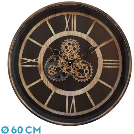 DURCAL horloge murale hêtre marron doré 60x60x8 cm engrenages avec mouvement