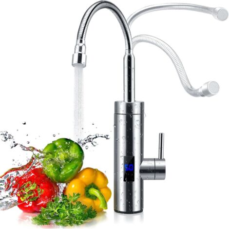 Durchlauferhitzer-Wasserhahn, 360° schwenkbar, 3000 W, Edelstahl-Wasserhahn mit LCD-Temperaturanzeige für Küche, Garten und Wohnwagen
