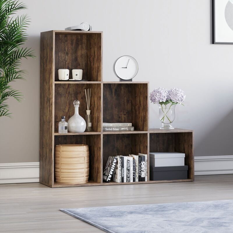Durham 6 Cube Bookcase Staircase Shelf Wooden Display Storage Rack Free Standing Shelf Unit, Darkwood-0-Baskets