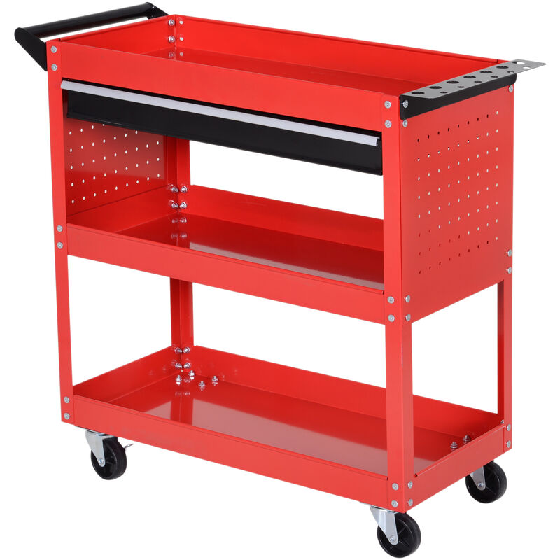 Durhand - 3-tier Tool Trolley Cart Roller Cabinet Garage Workshop with Drawer - Red