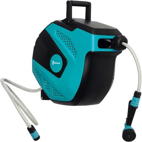 DURHAND Dévidoir mural enrouleur automatique pivotant 180° tuyau 15 + 1,5 m avec lance arrosage support mural intégré turquoise noir