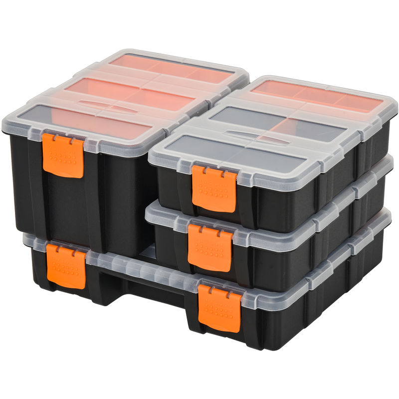 Durhand - Set Of 4 Plastic diy Tool Storage Boxes Dividers Locking Lids Stacking - Orange
