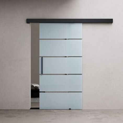 Durovin 900  2050mm internal Sliding Glass Door - Frosted Sections - Black Bar Handle & Rail - With Track 5ft for Bathrooms Kitchens Living Room Bedroom