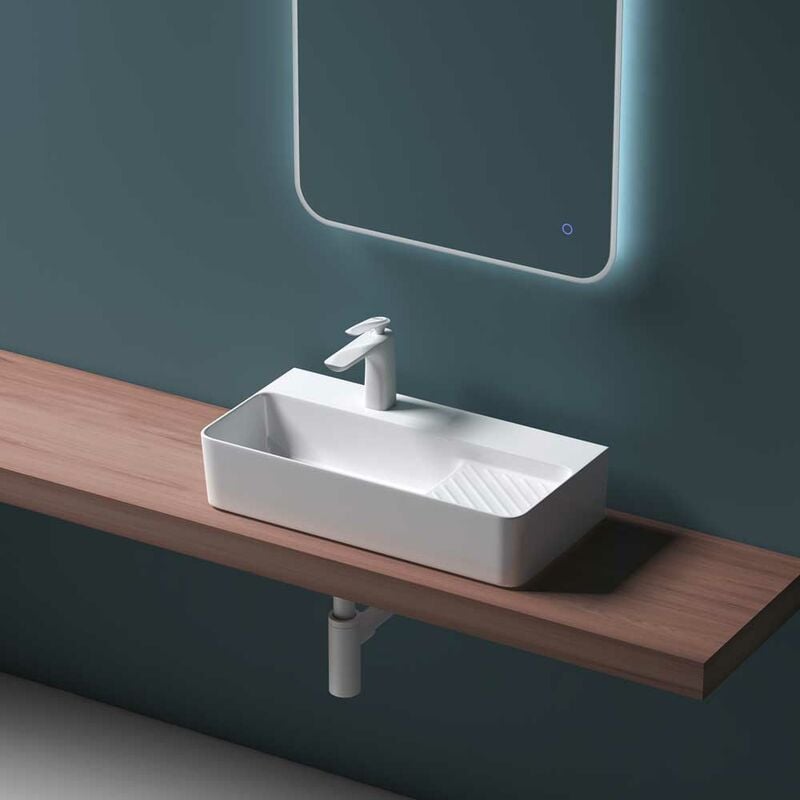 Durovin Bathrooms - Ceramic Basin - Wall Hung or Counter Top Mount Sink - Single Tap Hole With Drainboard - Rectangular 450 x 305mm (WxD)