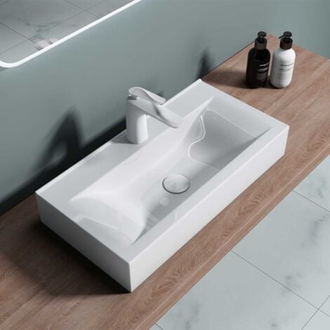 Durovin Bathrooms Ceramic Basin - Wall Hung or Counter Top Mount Sink - Single Tap Hole Without Overflow - Rectangular 600 x 310mm (WxD)