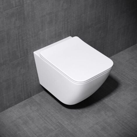 Durovin Bathrooms Ceramic Rimless Wall Hung Square Toilet -Short Projection- Include WC Pan with Quick Release Soft Close Seat