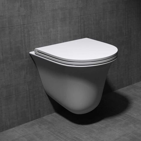 Durovin Bathrooms Ceramic Rimless Wall Hung Toilet - D Shape - Include WC Pan with Quick Release Soft Close Seat