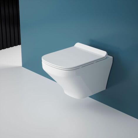 Durovin Bathrooms Ceramic Wall Hung Toilet - D Shape - Rimless Technology-Include WC Pan with Quick Release Soft Close Seat