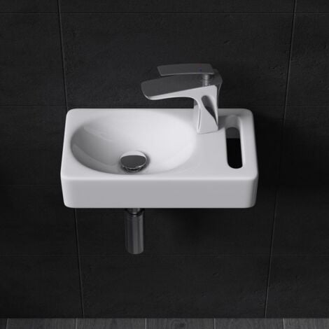 Durovin Bathrooms Compact Ceramic Sink - Wall Hung Mount - Rectangular Cloakroom Hand Washing Basin - One Right Hand Tap Hole With Towel Rail