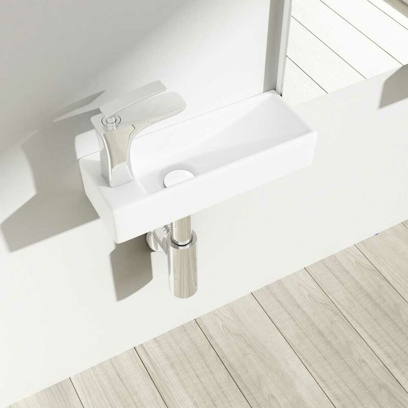 Durovin Bathrooms - Mini Ceramic Sink - Wall Hung Mount - Ultra Slim Rectangular Cloakroom Hand Washing Basin - One Left Hand Tap Hole