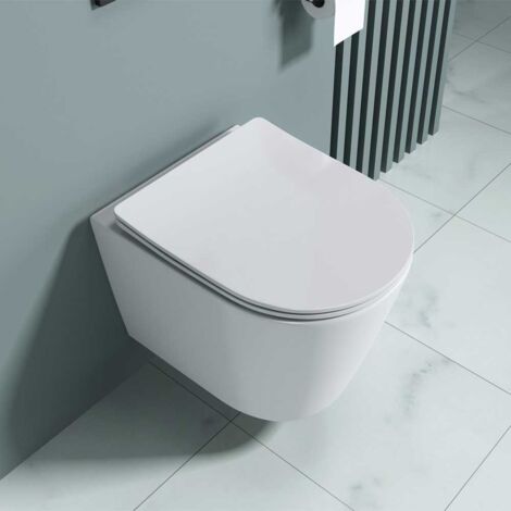 Durovin Ceramic Rimless Wall Hung Toilet - Short Projection - Include WC Pan with Soft Close Seat - Quick Release - 363 x 483 x 360mm (WxDxH)
