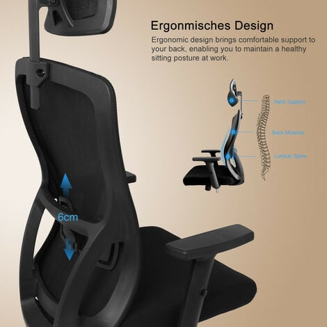 Durrafy Bürostuhl Ergonomisch, Schreibtischstuhl mit Verstellbarer Kopfstütze, Armlehnen, Lendenwirbelstütze, Drehstuhl Wippfunktion90°-120°, Chefsessel aus Mesh, Bürostuhl 150kg für Büro