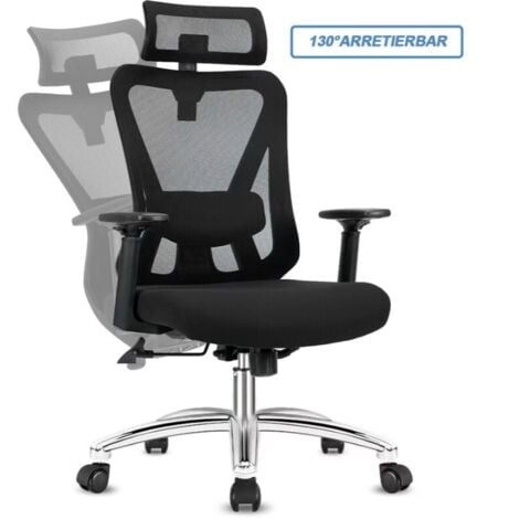 Durrafy Bürostuhl,ergonomischer Schreibtischstuhl,Chefsessel (Drehstuhl,90° bis 130° Wippfunktion,leise Rollen),verstellbare Kopfstütze Armlehnen Lendenwirbelstütze Computerstuhl 150 kg, schwarz Stuhl