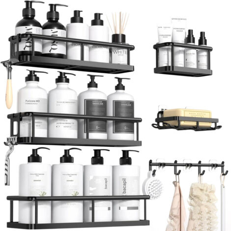 Duschablage ohne Bohren – Geräumiges Badezimmerregal mit Stauraum – Integrierte Seifenschale – Shampoo-Halter aus Edelstahl – Schwarz – 6-teiliges Set