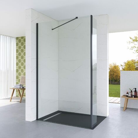 Duschabtrennung mit 30 cm Spritzschutz für Walk-in Dusche, 8 mm Einscheibensicherheitsglas mit Nanobeschichtung, Aluminiumprofile in schwarz matt, Montage links oder rechts möglich, 120 x 200 cm