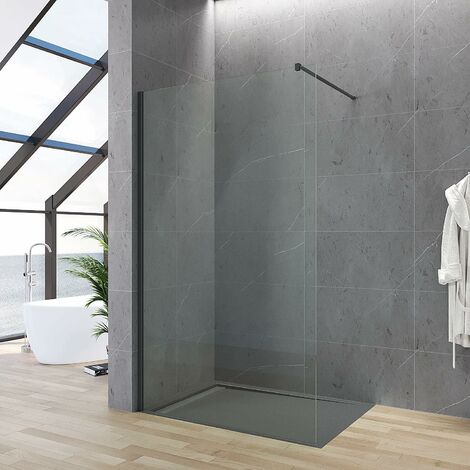 Duschabtrennung schwarz matt Duschwand Glas Begehbare Dusche Glaswand Glastrennwand Glasduschwand Trennwand mit Stabilisator, Nanobeschichtung,90x200 cm  Sicherheitsglas klar 8 mm