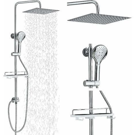 Duschamaturenset regendusche ohne armatur Duschsystem Duschset Duschstange Edelstahl Quadrat Kopfbrause 30x30cm,Handbrause mit 3 Strahlarten,Duscharmatur Ablage Chrom,Einfache Montage