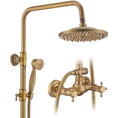 UBEEGOL Duscharmatur Retro Klassische Doppelgriff Duschsäule in Gold Verstellbares Duschsystem mit 20 Schwenkduschkopf Duschset Regendusche mit Regendusche Handbrause Messing