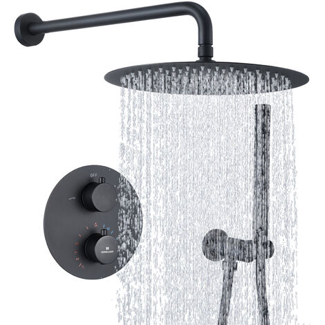 Duscharmatur Schwarz Duschsystem Rainshower Regendusche Duschset Brausegarnitur mit Duschkopf und Handbrause Dusche Armatur mit Überkopfbrause für Badezimmer