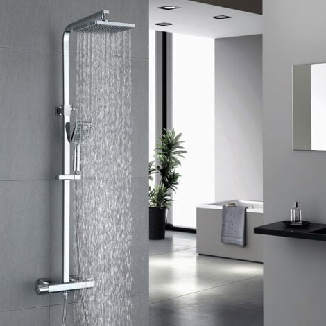 Dusche Duschsystem mit Thermostat Regendusche 2 Funktionen Duschset Edelstahl Duschsäule mit Kopfbrause, Handbrause und Verstellbarer Duschstange Duscharmatur Anti-Verbrühungs-Duschsystem