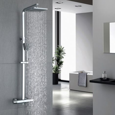Auralum Duschsystem Regendusche Duschset Edelstahl Duschsäule mit Thermostatbatterie und Verstellbare Duschstange für Badezimmer