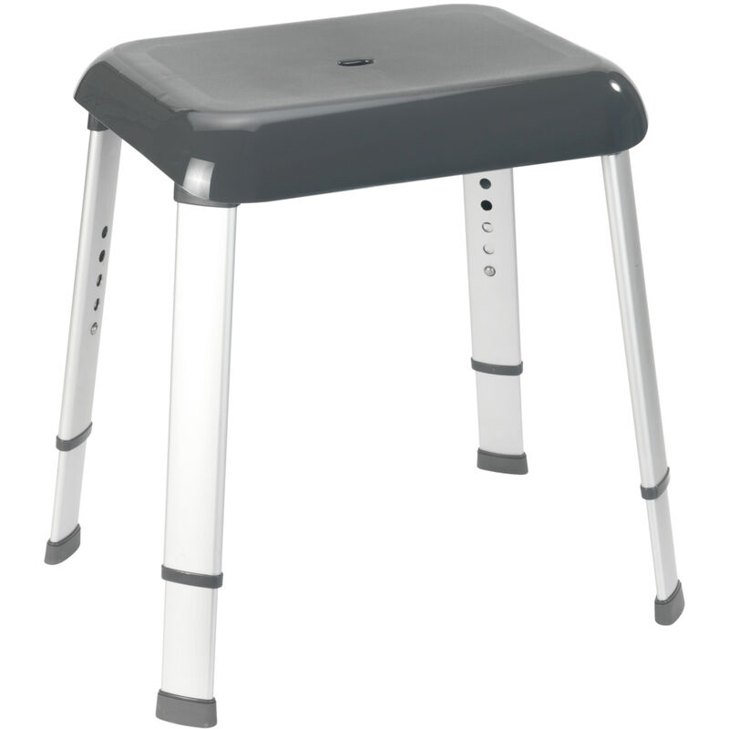 Wenko - Sgabello da doccia Secura Premium, altezza regolabile, capacità 130 kg, Alluminio - Plastica, 50,5x42-52x39,5 cm, Grigio