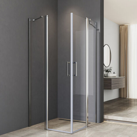 Duschkabine 75x80cm mit Pendeltür, Duschkabine Eckeinstieg Duschabtrennung Schwingtür Glas Dusche Duschwand mit fester Segment aus 6mm ESG Nano Sicherheitsglas, Duschwand Höhe 185cm
