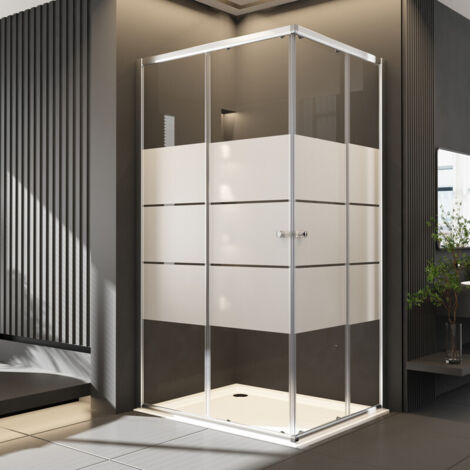 Duschkabine 80x80cm Eckeinstieg mit Schiebetüren, 6mm ESG Glas Duschabtrennung Doppel Schiebetür mit Milchglas Streifen, Über Einer Duschwanne Oder Fliesen Montiert, Höhe 185 cm
