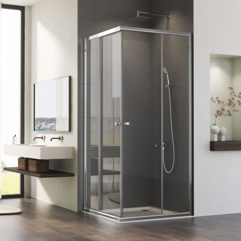 Duschkabine 90x100cm Eckeinstieg mit Schiebetüren, Höhe 185cm, 6mm ESG Glas Eckeinstieg Duschkabine Duschabtrennung Doppel Schiebetür, Über Einer Duschwanne Oder Fliesen Montiert