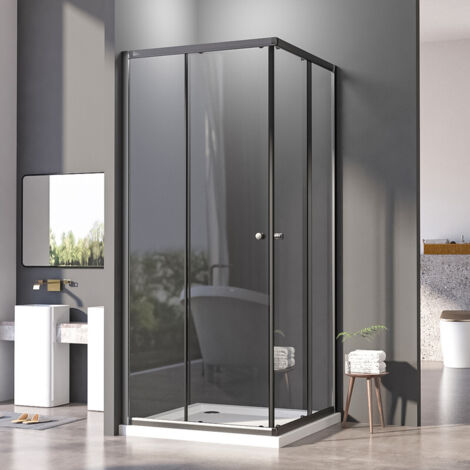 Duschkabine Eckeinstieg 100x90 cm Schwarz, Duschkabine Schiebetür mit Eckeinstieg Duschabtrennung 6mm ESG Glas, Höhe 185 cm Dusche Duschtür